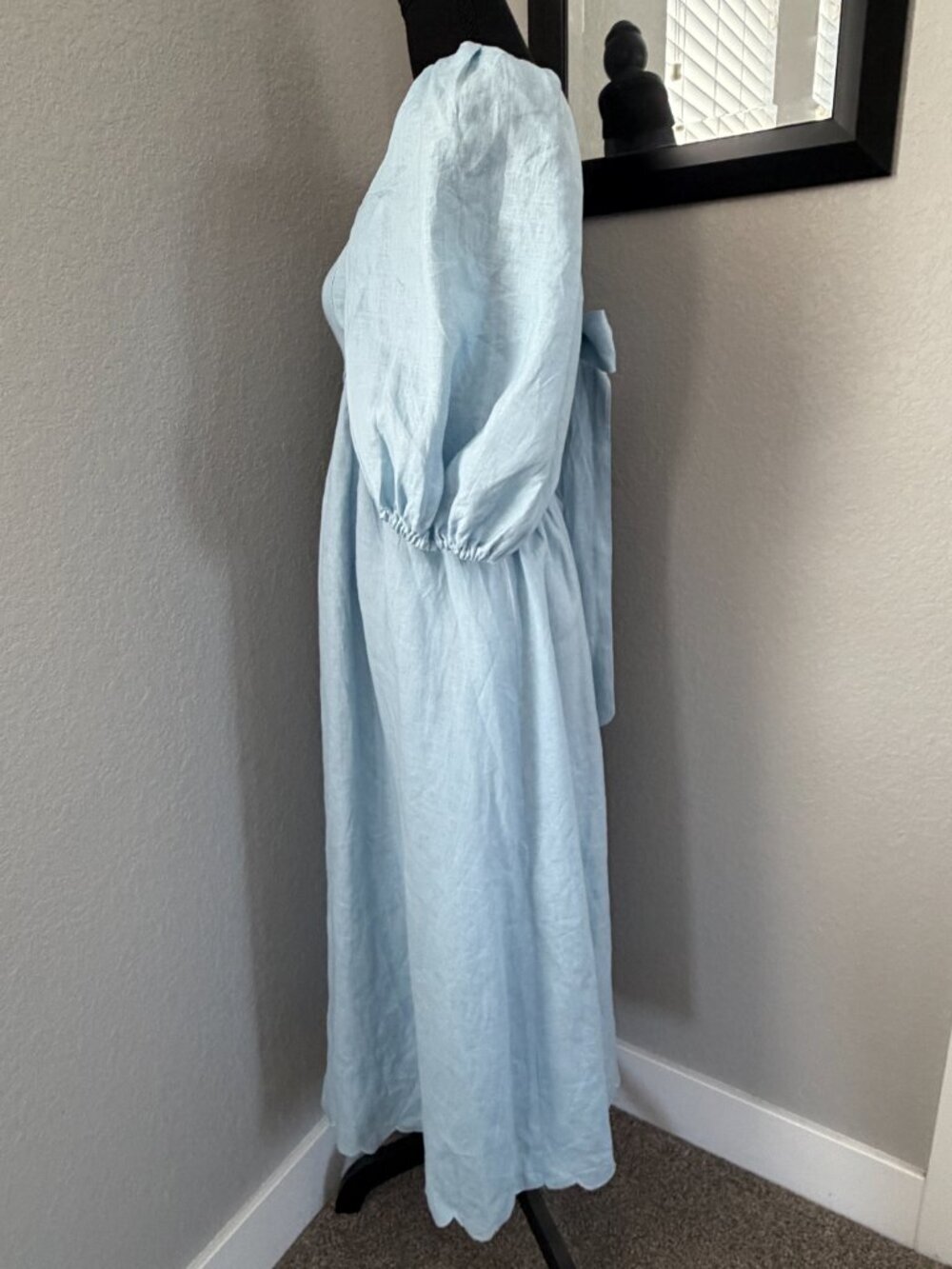 MABLE Scalloped Blue Linen Midi Dress Puff Sleeves Small - Picture 7 of 14